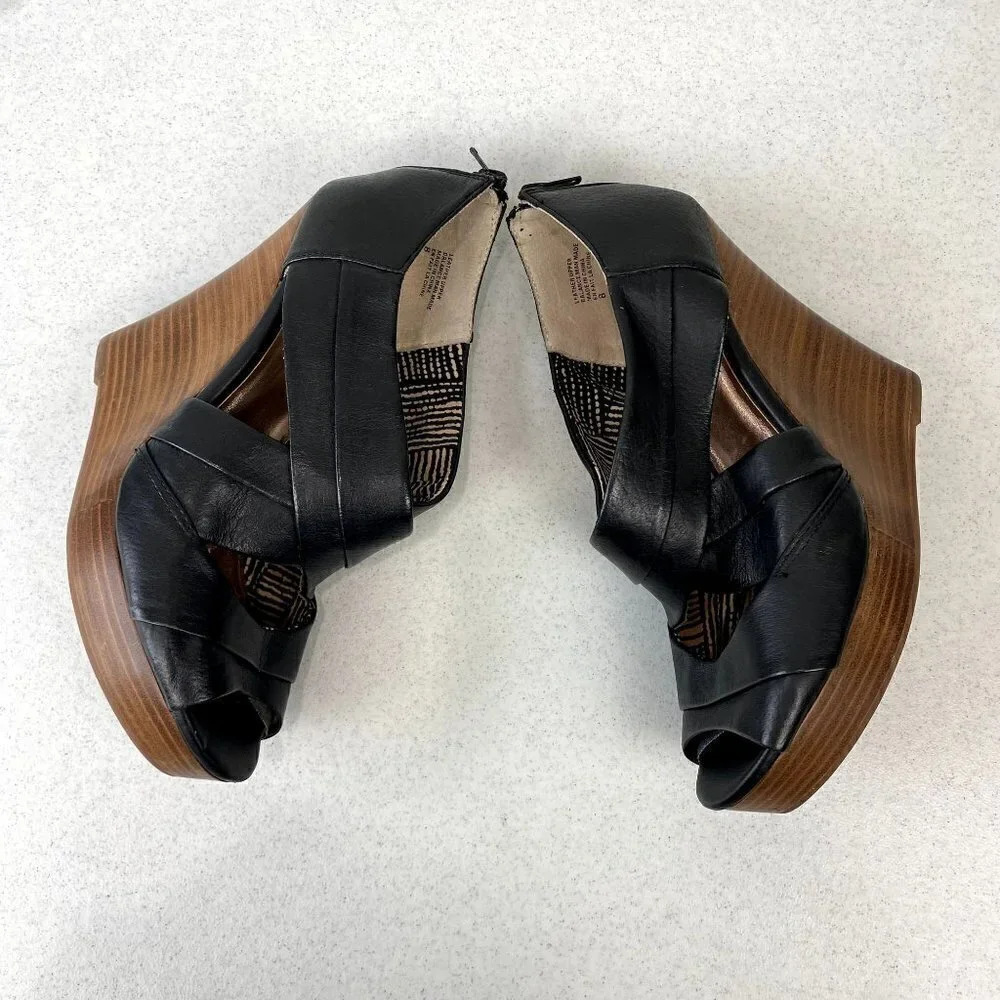 Seychelles Black Leather Risky Business Wedge Sandals 8